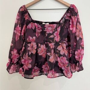 NWT Thirty Thirty Floral Babydoll Top Size L Square Neck Blouse